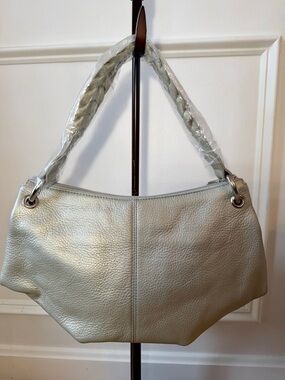 Talbots Metallic Platinum Pebbled Leather Silver Hobo Bag Top Handle